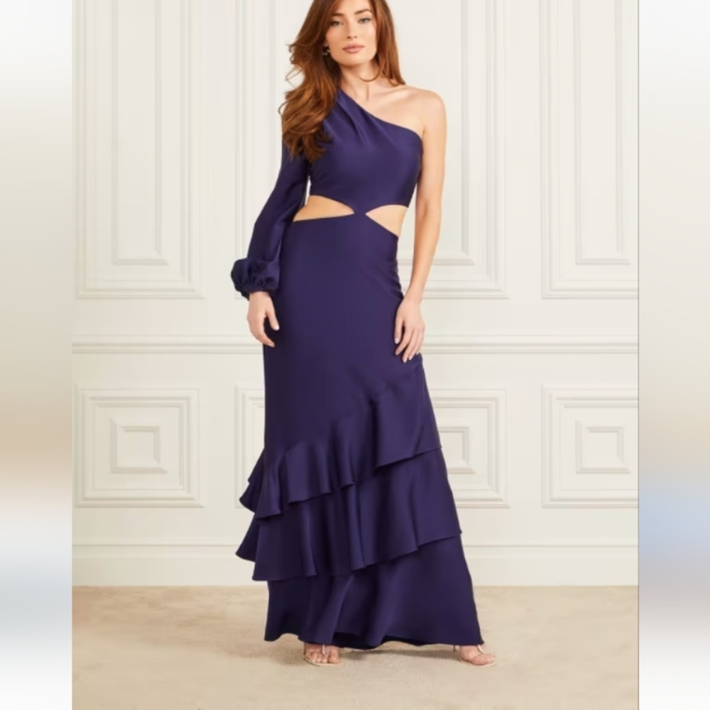 Marciano Cut-Out Purple and Blue Asymmetrical One Shoulder Ruffled Gown Sz 0/36
